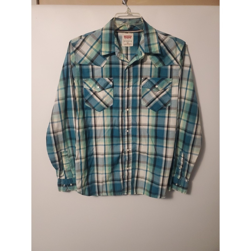 Mens Levis Plaid Check Blue Teal Western Pearl Snap Long Sleeve Shirt Size Large